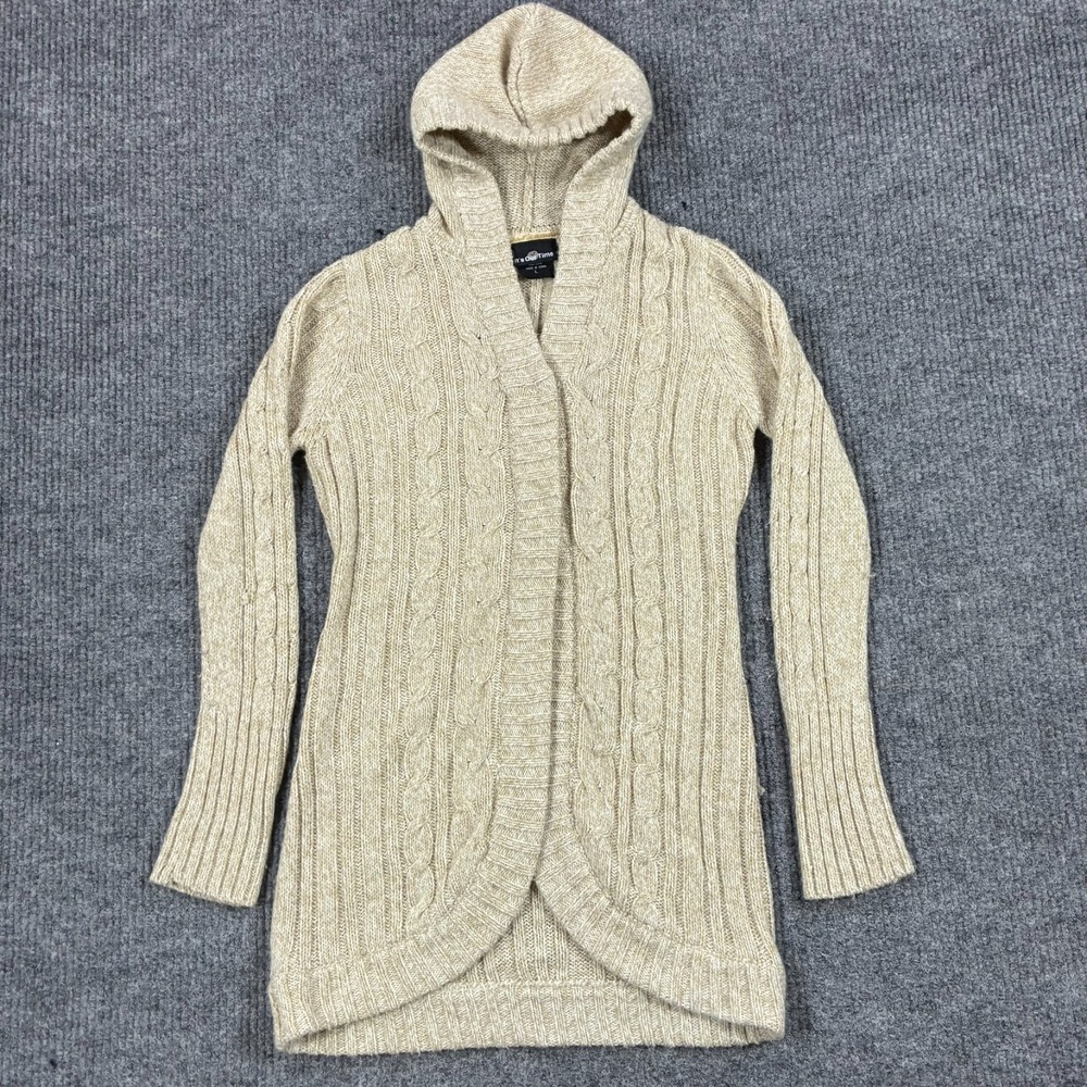 Its Our Time Womens Large Cream Cable Knit Hooded Cardigan Sweater Open Front